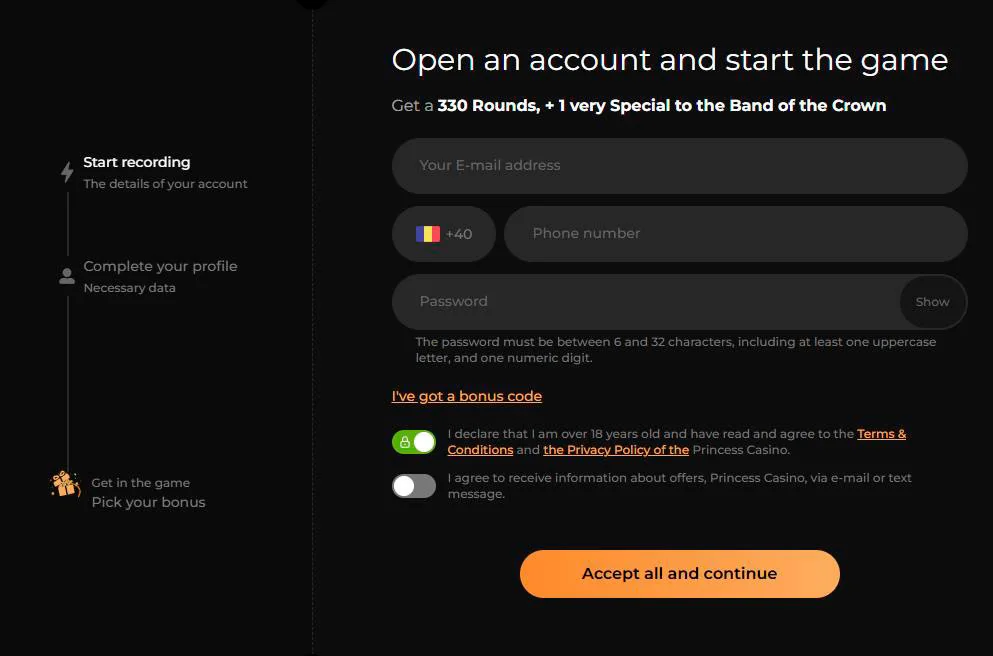 register form princess casino